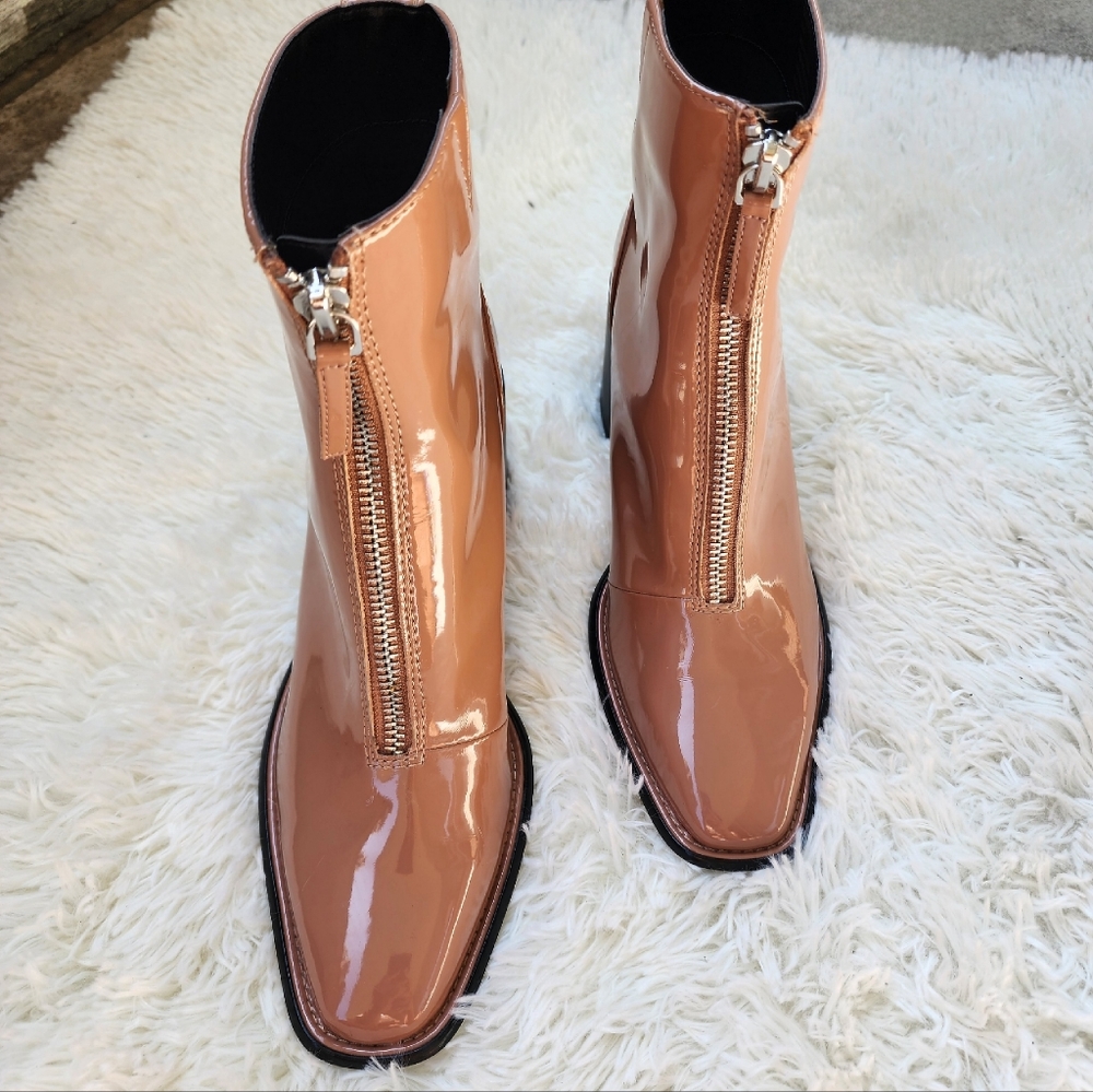 Open Edit Chloe Zip Front Tan Camel Patent Block Heel Ankle Boots